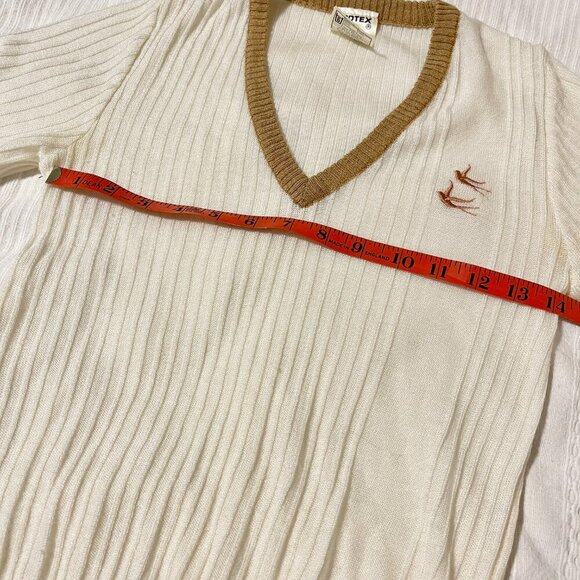 Vintage Dodtex Trim V-Neck Embroidered Bird Sweater Cream & Tan –  M - Picture 8 of 9